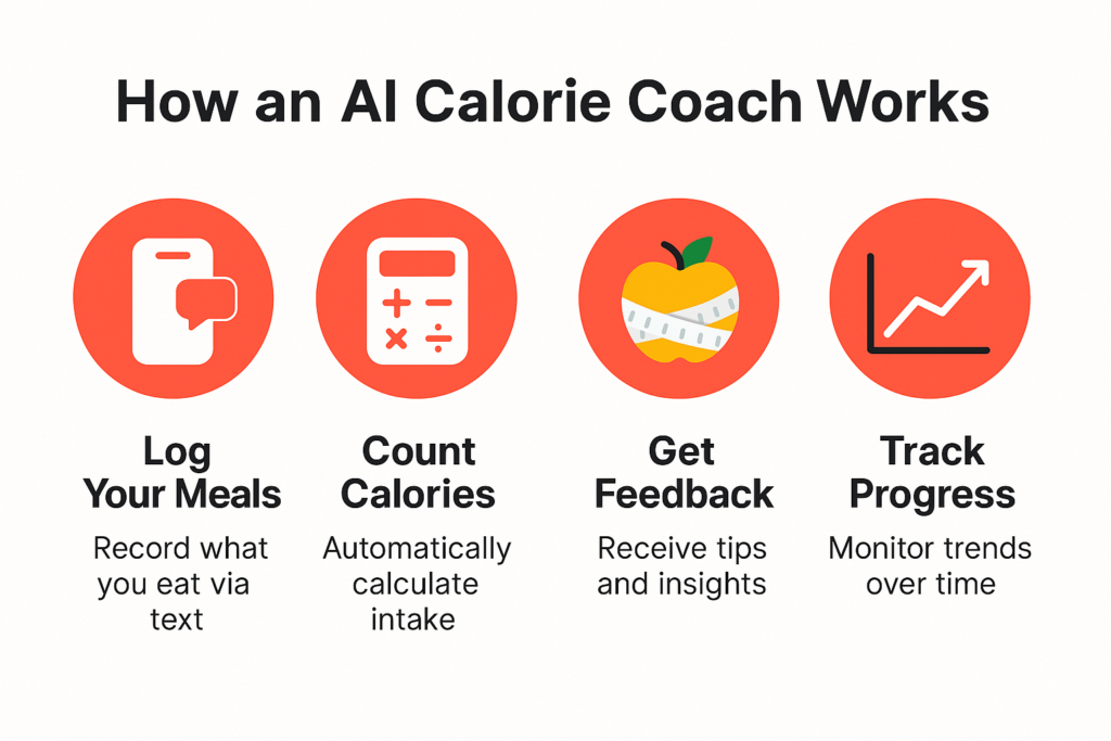 Infographic explaining how an AI calorie coach tracks meals by text