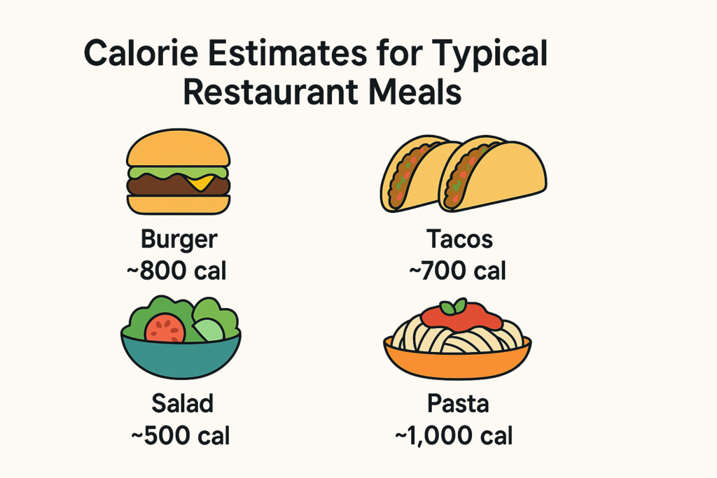 Calorie estimates for typical restaurant meals like burgers, tacos, salads, and pasta